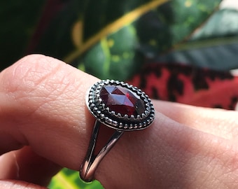 Ready to Ship- Rose Cut Garnet Split Shank Ring, Sterling Silver, Faceted Garnet, January Birthstone Ring, Solitaire