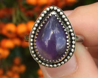 Made to Order- Sterling Silver Amethyst Solitaire Ring- beaded border, Teardrop Shaped Brazilian Amethyst Cabochon