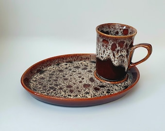 Artisan Stoneware Cup and Plate Set, Reactive Drip Glaze
