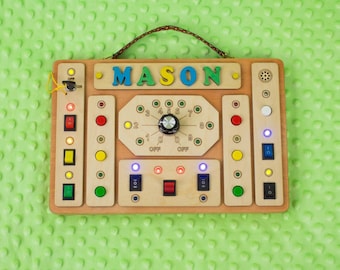 Wooden Montessori Busy Board with LED Lights & Switches