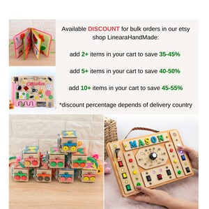 Promotional graphic for LinearaHandMade Etsy shop showing bulk order discounts on handmade educational toys. Offers include 35–55% off when adding 2, 5, or 10+ items to cart. Includes images of personalized busy boards, activity cubes, and quiet books.