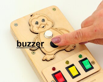 Personalized Busy Board with LED Lights - Mini Baby Busy Board - Button Box - Unique Baby Boy Gift - Small Busy Board for Interactive Play