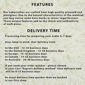 Informational image describing product features and delivery times for handmade wooden labyrinth puzzles. Highlights include natural wood imperfections and shipping times ranging from 12 to 28 business days depending on location, with an option for express delivery.
