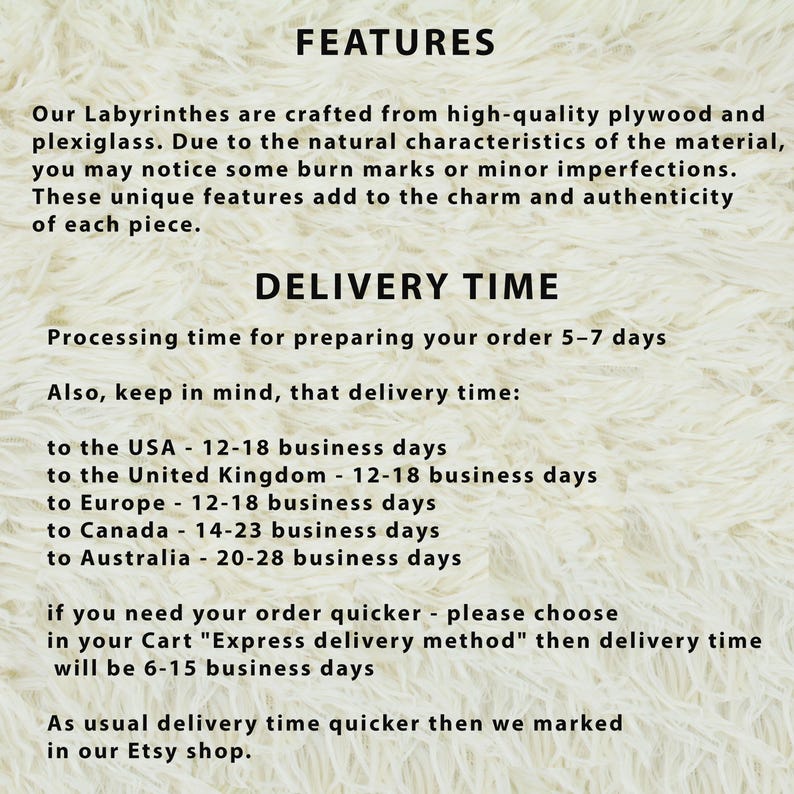 Informational image describing product features and delivery times for handmade wooden labyrinth puzzles. Highlights include natural wood imperfections and shipping times ranging from 12 to 28 business days depending on location, with an option for express delivery.