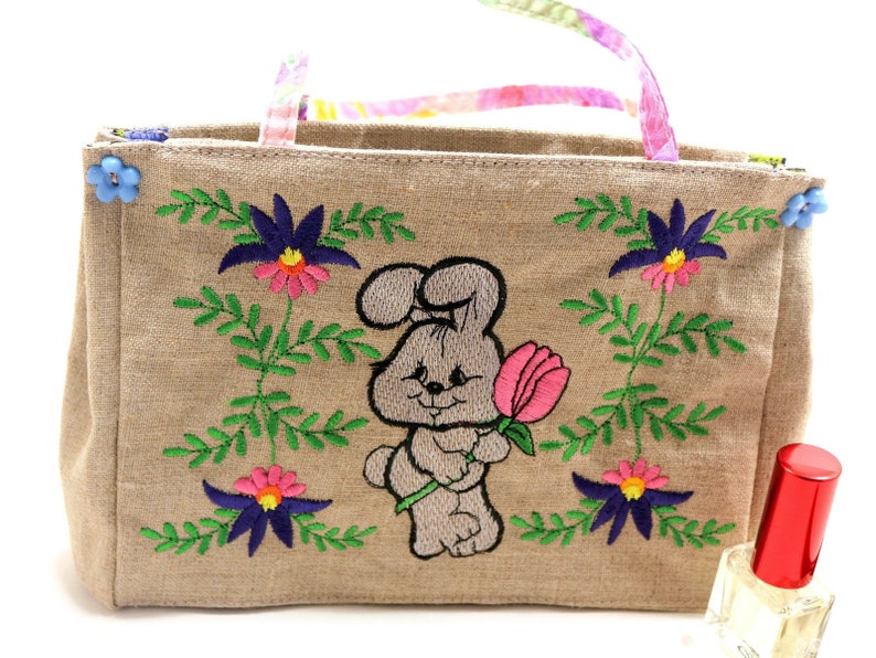 Toddler Little Girl Purse With Machine Embroidery Flowers Hare Rabbit Small Travel Tote Bag Preschool 3rd 7th Anniversary Gift For Niece