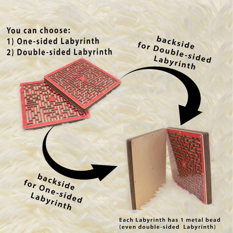Wooden labyrinth maze game showing two options: one-sided and double-sided versions. Double-sided labyrinth has maze designs on both sides, while the one-sided has a plain wooden back. Each maze includes one metal bead. Displayed on a soft cream fur background.