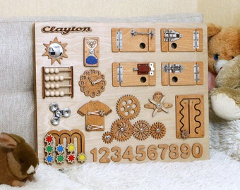 Wooden busy board with name, Large sensory board for wall, Big activity board for toddler room décor