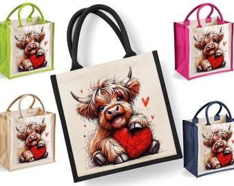 Highland Kuh Tragetasche | Jute | Jute-Einkaufstasche | Einkaufstasche | Wiederverwendbare Tasche | Hochland-Kuh