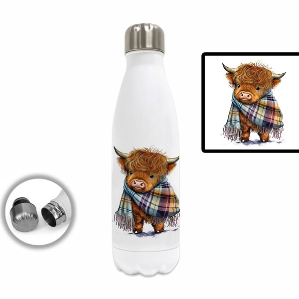 Personalised Water Bottle | 500ml | Hot/Cold | Custom Water Bottle | Highland Cow | Highland Cow Tartan Scarf