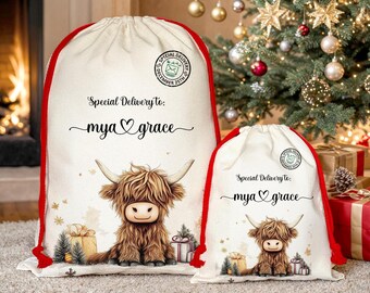 Santa Sack - Personalised Santa Sack - Christmas Stocking - Made to Order - XL - 70x50cm - Highland Cow