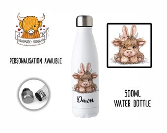 Personalised Water Bottle | 500ml | Hot/Cold | Custom Water Bottle | Highland Cow | Highland Cow Bunny