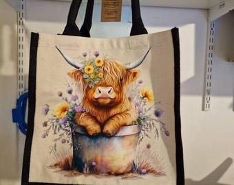Highland Cow Tote Bag | Jute | Jute Tote Bag | Shopping Bag | Reusable Bag | Highland Cow