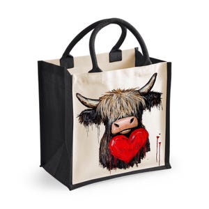Highland Cow Tote Bag | Jute | Jute Tote Bag | Shopping Bag | Reusable Bag | Highland Cow | Sunflowers