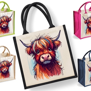 fourre-tout vache Highland | Jute | fourre-tout en jute | Sac à provisions | Sac réutilisable | Vache Highland