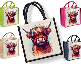 Highland Kuh Tragetasche | Jute | Jute-Einkaufstasche | Einkaufstasche | Wiederverwendbare Tasche | Hochland-Kuh