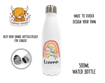 Personalised Water Bottle | Double Walled | 500ml | Hot/Cold | Stainless Steel Vacuum Insulated Flask| Rainbow | Unicorn