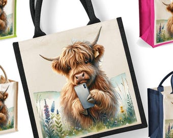 Highland Cow Jute Tote Bag | Scottish Highlands Reusable Shopping Bag