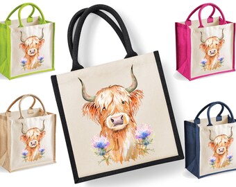 Highland Kuh Tragetasche | Jute | Jute-Einkaufstasche | Einkaufstasche | Wiederverwendbare Tasche | Hochland-Kuh