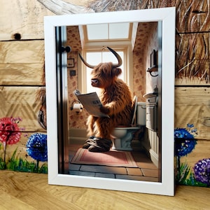 Highland Cow Print | A4 Framed Print | Highland Cow on The Loo | Made to Order | Wall Art