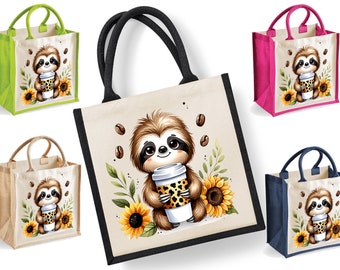 Sloth Tote Bag | Jute | Jute Tote Bag | Shopping Bag | Reusable Bag | Sloth | Coffee