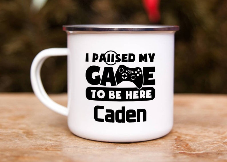 Personalised Enamel Camping Mug Gamer I Paused My Game to Be Here Personalised Mug imagem 1