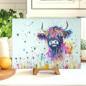 Glass Chopping Board - Highland Cow Chopping Board - Cutting Board - Cheese Board - rainbow coo