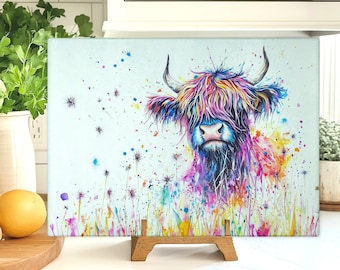 Glass Chopping Board - Highland Cow Chopping Board - Cutting Board - Cheese Board - rainbow coo