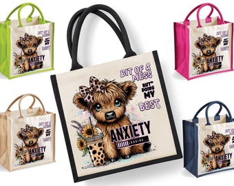 Highland Cow Tote Bag | Jute | Jute Tote Bag | Shopping Bag | Reusable Bag  | Anxiety