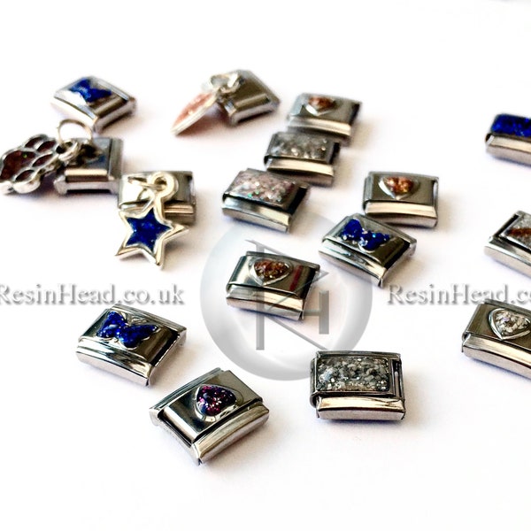 nomination style italian charm ashes set 9mm stainless steel any custom colour heart detail, rectangle  or butterfly