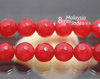 2 Strands Malaysia Jade, 8 mm, Dyed Red and Faceted Round Beads,HZ0599