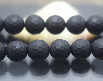 14mm Faceted Black Onyx beads, Gemstone beads, 128 Faceted round beads, 15 inch per strandHZ0096