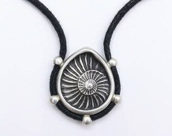 Ammonite Imprint Necklace Sterling Silver / Ammonite negative with fully adjustable cord / Fossil Pleuroceras Pendant / Fibonacci Spiral