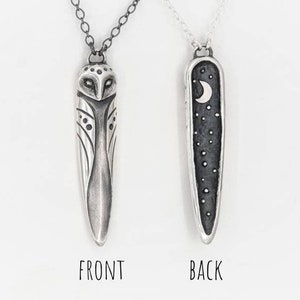 Sterling Silver Owl Pendant, Double Sided Moon Stars Necklace