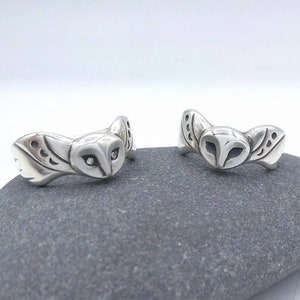 Sterling Silver Owl Ring, Moon Phase Wings, Diamond Eyes, Handmade