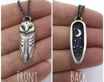 Owl Necklace / Sterling Silver Owl Pendant / Barned Owl / Gift for Night Owl / Moon and stars on the back side / Double sided / Moonchild