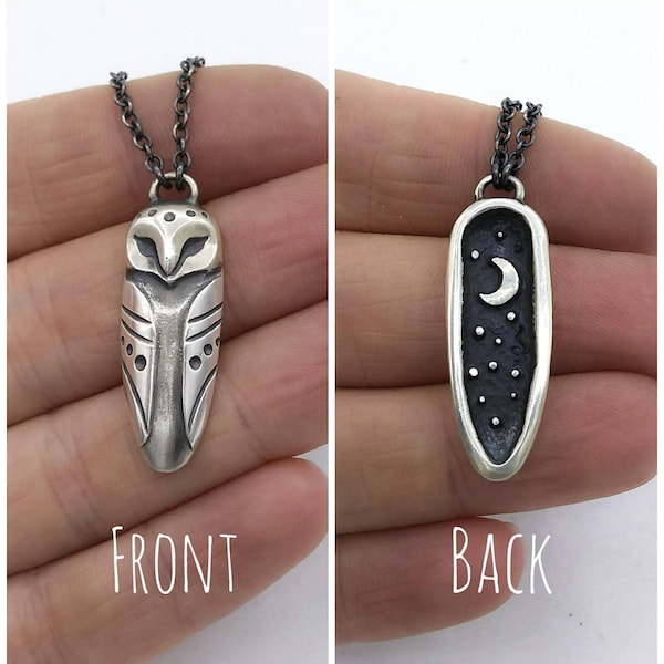 Owl Necklace / Sterling Silver Owl Pendant / Barned Owl / Gift for Night Owl / Moon and stars on the back side / Double sided / Moonchild