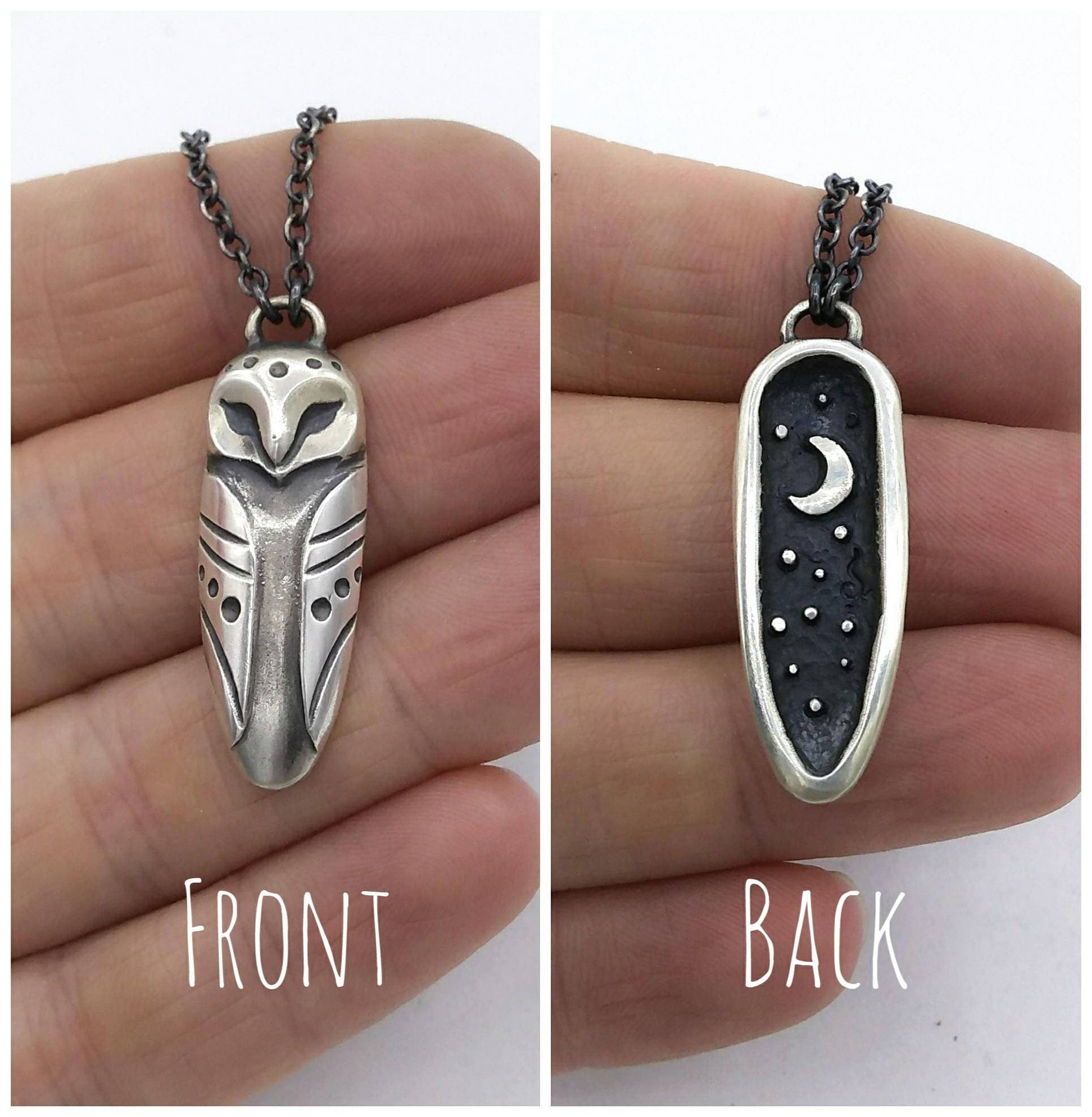 Sterling Silver Owl Pendant with Moon and Stars, Night Sky Necklace