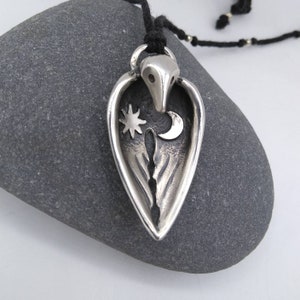 The Raven, the Sun and the Moon Necklace • Sterling Silver Crow / Raven necklace • Crow Totem Spirit Animal pendant