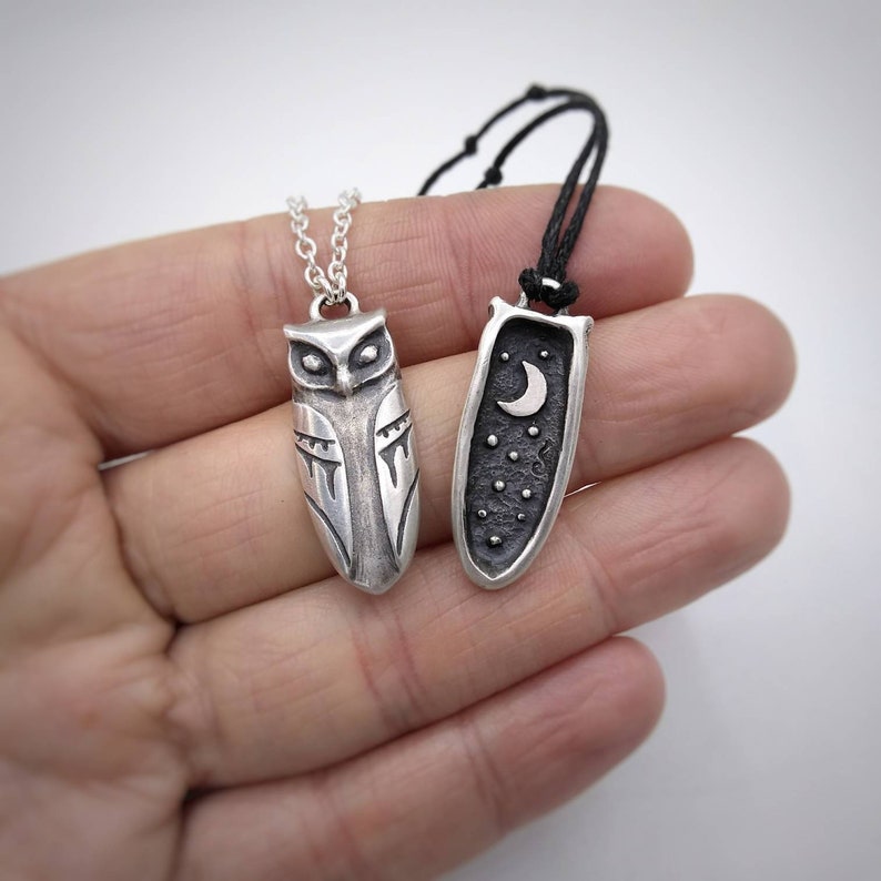 Owl Necklace Sterling Silver Owl Pendant Horned Owl Gift for Night Owl Moon and stars on the back side Double sided Moonchild