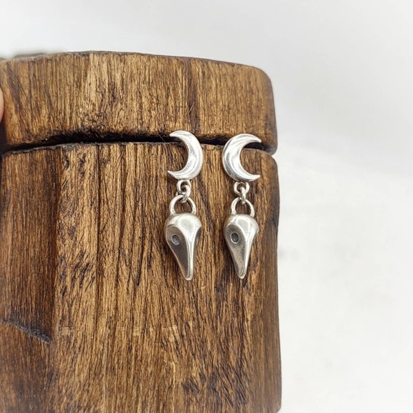 Moon and Raven Post Earrings Sterling Silver / Huginn and Muninn / Waxing and waning crescent moons with raven head dangle / Moon Phases