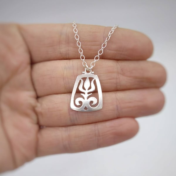 Sterling Silver Tulip Necklace, Hungarian Folk Art Pendant
