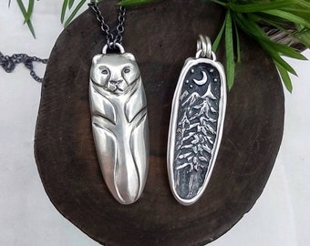 Double Sided Bear and Pine Forest Necklace in Sterling Silver / Wilderness Pendant with Pines and Mountains, Moon and Stars