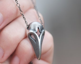 Bird Necklace Sterling Silver / Raven or Crow Skull Mask Pendant / Nevermore / Plague Mask /Simple Minimal Bird Skull Gothic Witch Jewelry