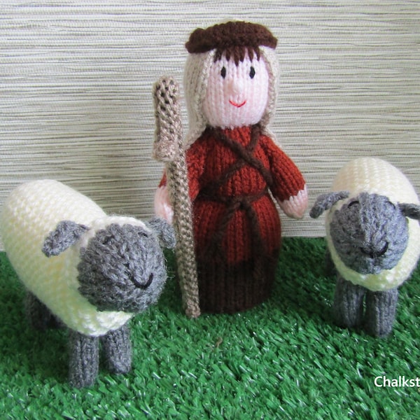 Hand knitted  nativity set. Shepherd with two sheep. Christmas decoration. Knitted shepherd.  Knitted sheep