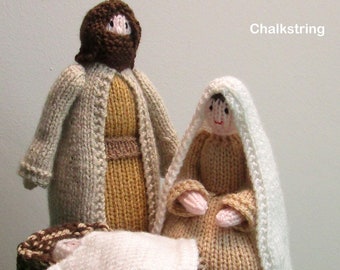 Knitted nativity scene in natural colours - includes Mary, Joseph, Baby Jesus and manger. Christmas decoration. Christmas gift.