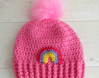 Hand crocheted pretty pink hat with rainbow feature. 6-12 months. Baby gift.