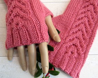 Hand knitted rose pink wristwarmers with cables. Fingerless gloves. Birthday gift. Ladies gift.