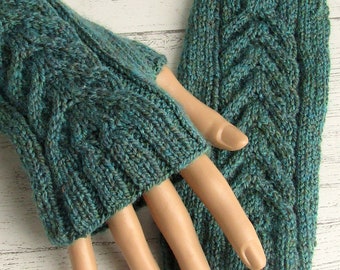 Hand knitted heather green coloured wrist warmers with cables. Fingerless gloves. Birthday gift.