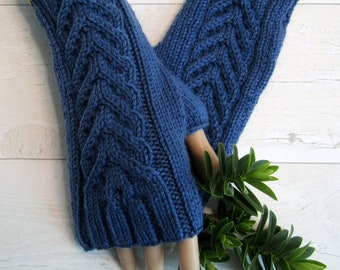 Hand knitted unisex  wristwarmers with cables. Fingerless gloves. Birthday gift