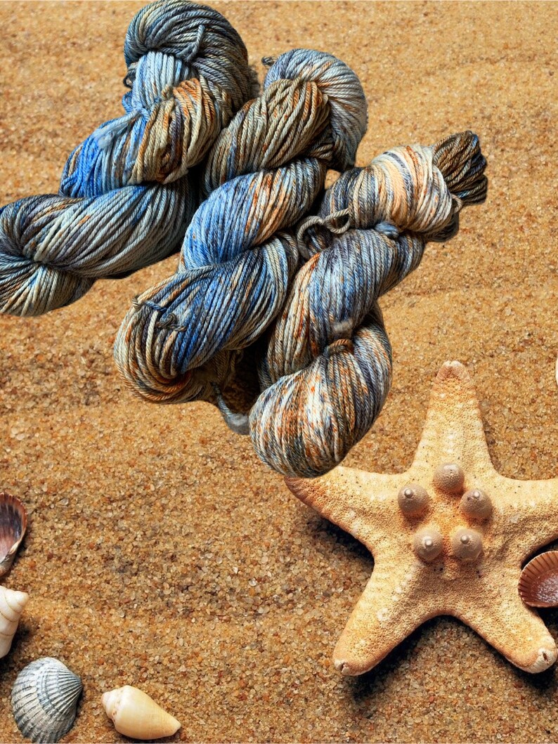 hand dyed yarn blue,orange,silver yarn worsted weight yarn Sandy beaches speckled yarn knitting crochet